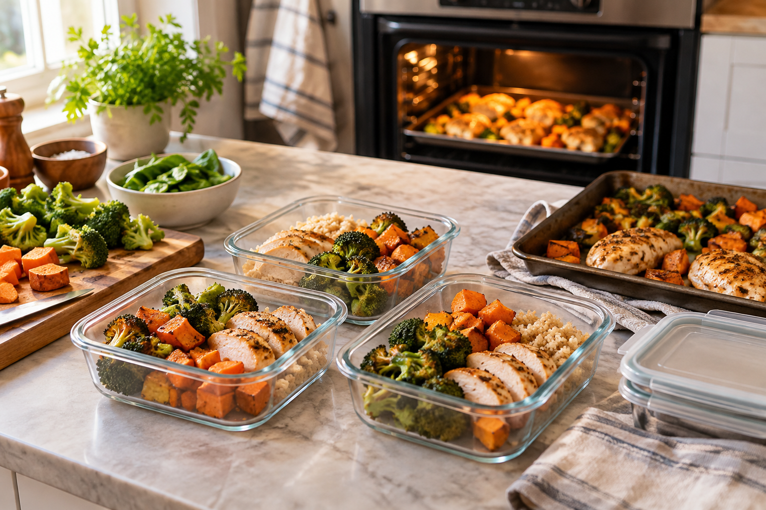 A Meal-Prep Session for One Oven and a Small Counter